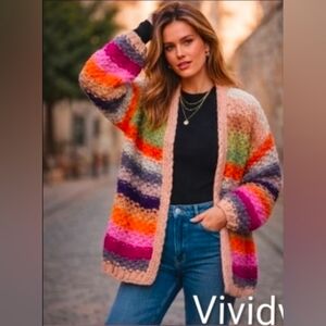 Anthropologie + SACCHI Mayflower Stripe Crochet Cardigan Ivory 🌈 OS NWT$240